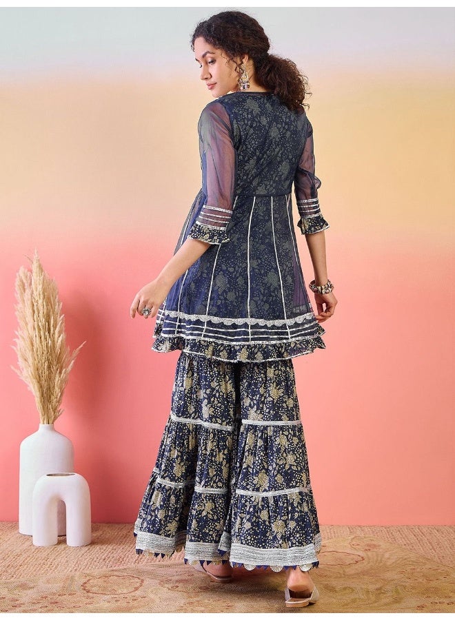 AKS Indigo Printed Gotta Patti Pure Cotton Kurta With Sharara - Image 5