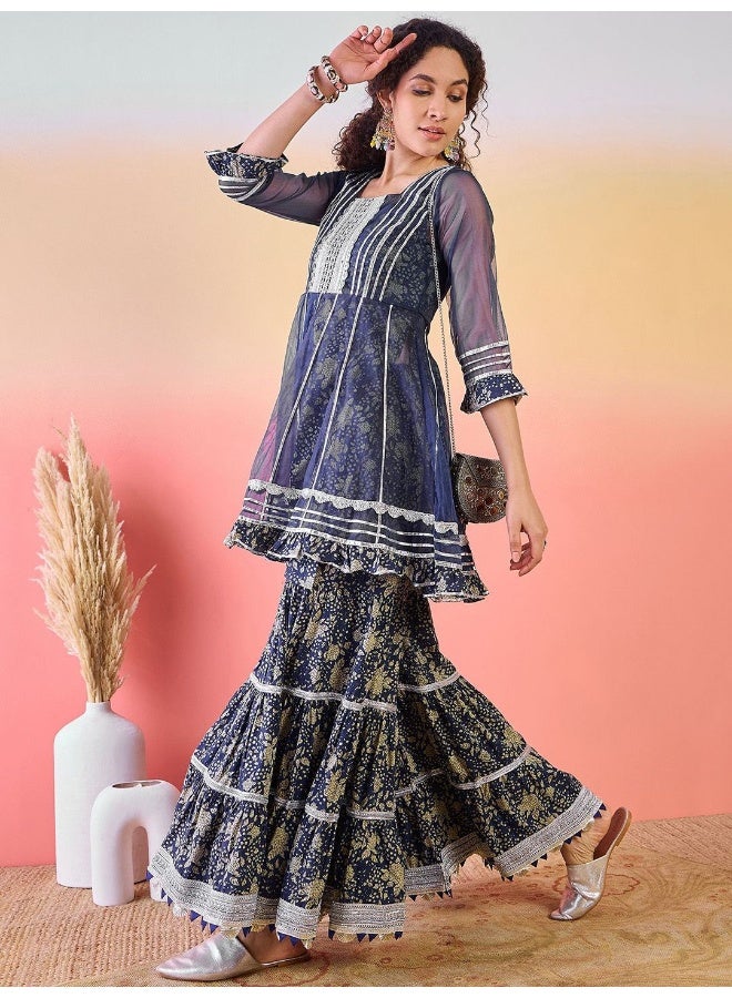 AKS Indigo Printed Gotta Patti Pure Cotton Kurta With Sharara - Image 3