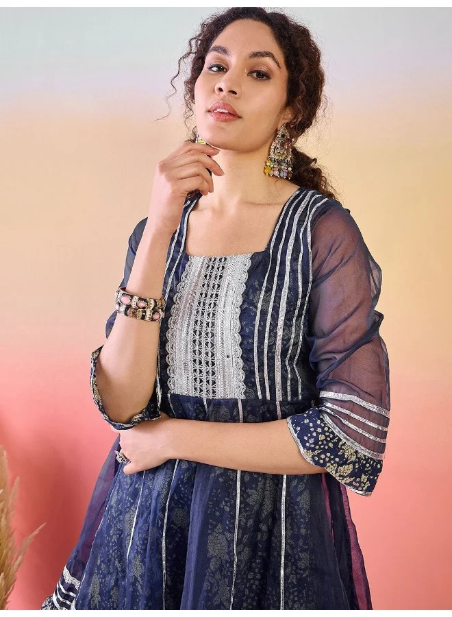 AKS Indigo Printed Gotta Patti Pure Cotton Kurta With Sharara