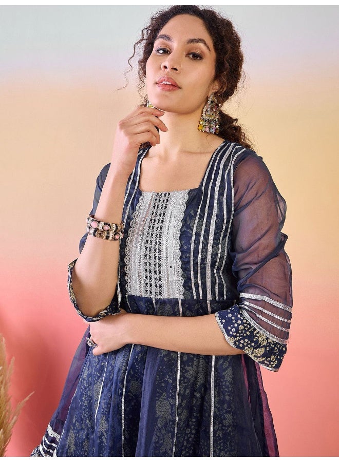 AKS Indigo Printed Gotta Patti Pure Cotton Kurta With Sharara - Image 2