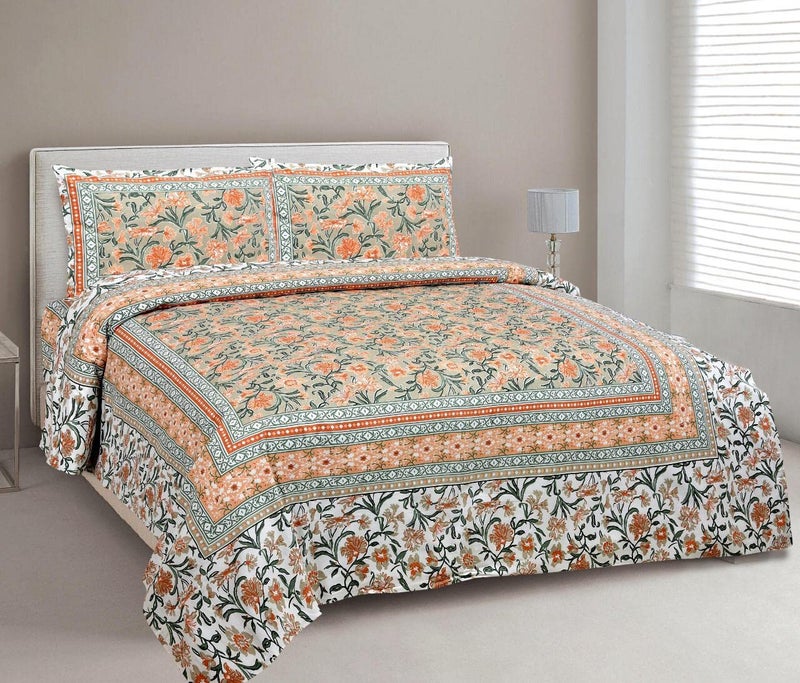 PURE COMFORT 100% Cotton Jaipuri Block Print Super King Size Double Bedsheet with 2 Pillow Covers, King, Orange - Image 1