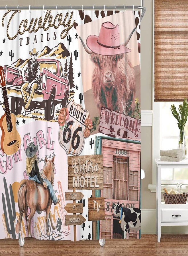 Uokiuki Rustic Western Pink Shower Curtain for Bathroom, Funny Longhorn Cattle Cow Cowboy Cowgirl Shower Curtain Set Shower Curtain, Cute Western Desert Farmhouse Fabric Bath Curtain 12PCS Hooks 70X70IN - Image 3