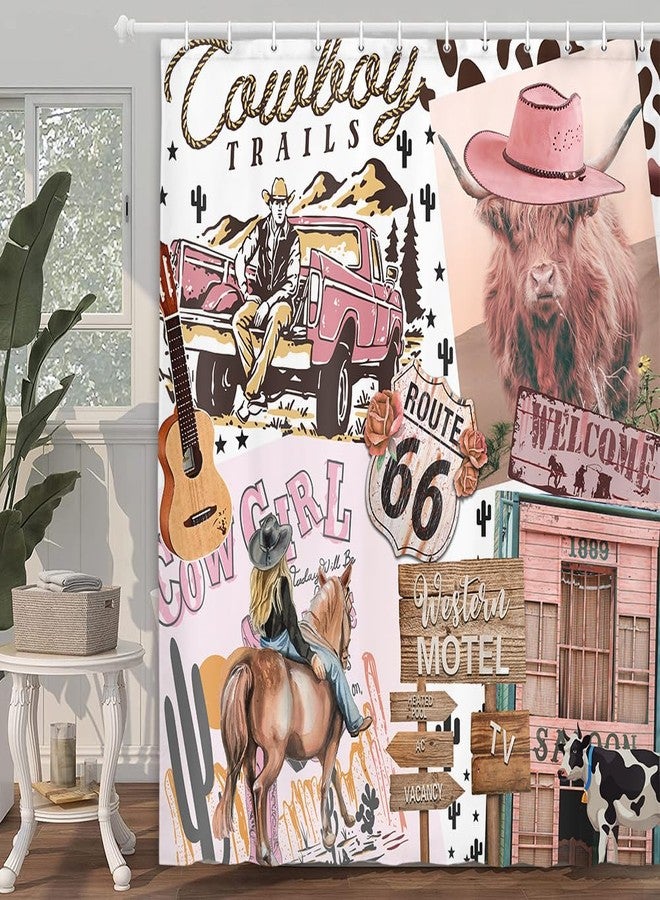 Uokiuki Rustic Western Pink Shower Curtain for Bathroom, Funny Longhorn Cattle Cow Cowboy Cowgirl Shower Curtain Set Shower Curtain, Cute Western Desert Farmhouse Fabric Bath Curtain 12PCS Hooks 70X70IN - Image 4