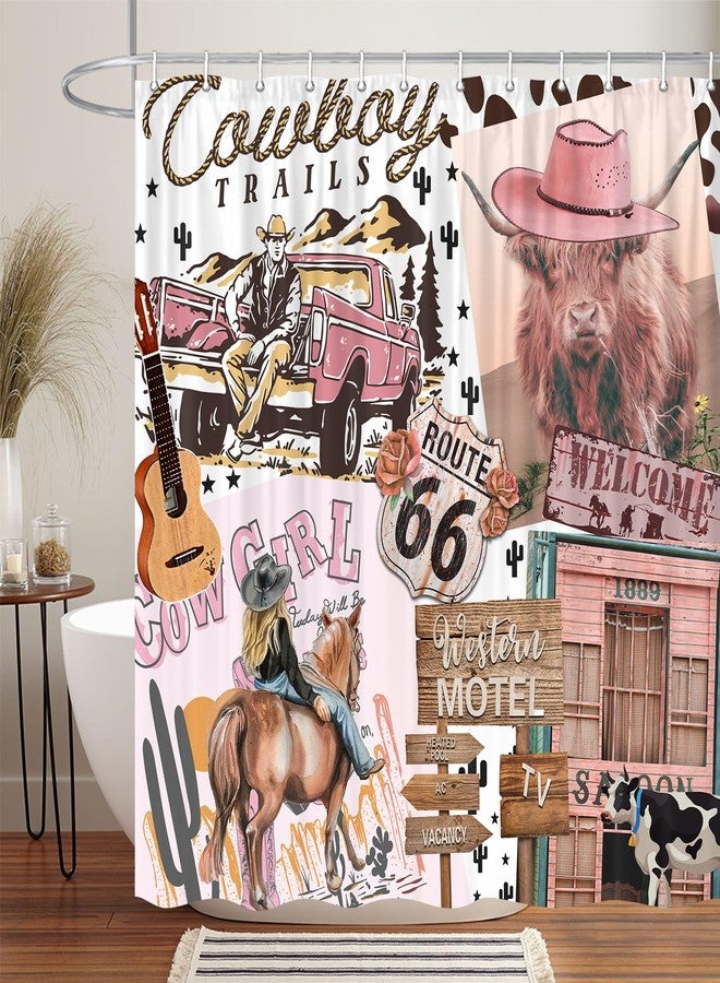 Uokiuki Rustic Western Pink Shower Curtain for Bathroom, Funny Longhorn Cattle Cow Cowboy Cowgirl Shower Curtain Set Shower Curtain, Cute Western Desert Farmhouse Fabric Bath Curtain 12PCS Hooks 70X70IN - Image 2
