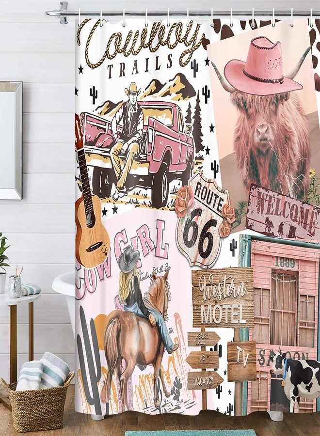 Uokiuki Rustic Western Pink Shower Curtain for Bathroom, Funny Longhorn Cattle Cow Cowboy Cowgirl Shower Curtain Set Shower Curtain, Cute Western Desert Farmhouse Fabric Bath Curtain 12PCS Hooks 70X70IN - Image 1