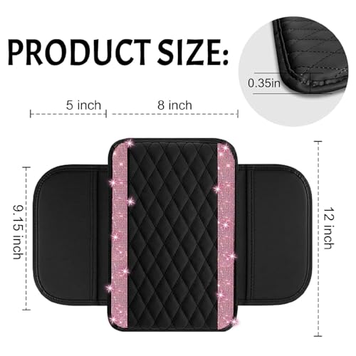 NBTEPEM Bling Car Center Console Cover Leather Car Arm Rest Cover Cushion with 2 Storage Bags Universal Automotive Armrest Protector Storage Box Bling Accessories Interior for Most Vehicles Pink - Image 3