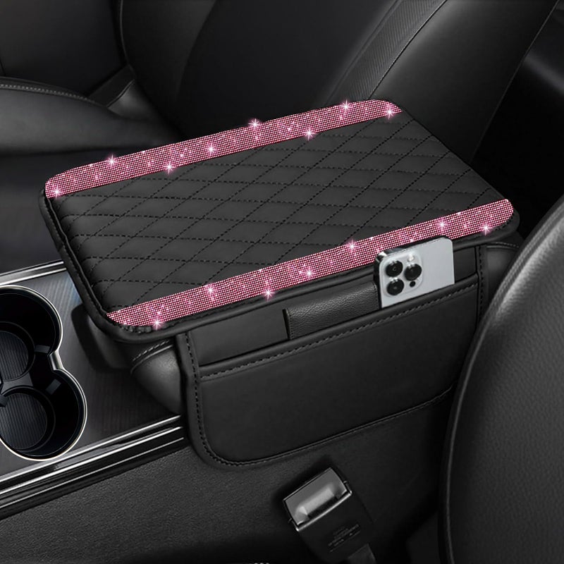 NBTEPEM Bling Car Center Console Cover Leather Car Arm Rest Cover Cushion with 2 Storage Bags Universal Automotive Armrest Protector Storage Box Bling Accessories Interior for Most Vehicles Pink - Image 2