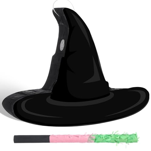 Kasyat Witch Hat Piata Party Game Set Halloween Theme Piata with Bat Stick Blindfold Pink Green and Black Party Decor for Halloween Birthday Baby Shower Game Supplies Decor Witch Hat - Image 1
