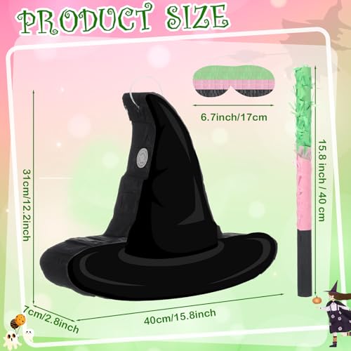 Kasyat Witch Hat Piata Party Game Set Halloween Theme Piata with Bat Stick Blindfold Pink Green and Black Party Decor for Halloween Birthday Baby Shower Game Supplies Decor Witch Hat - Image 5