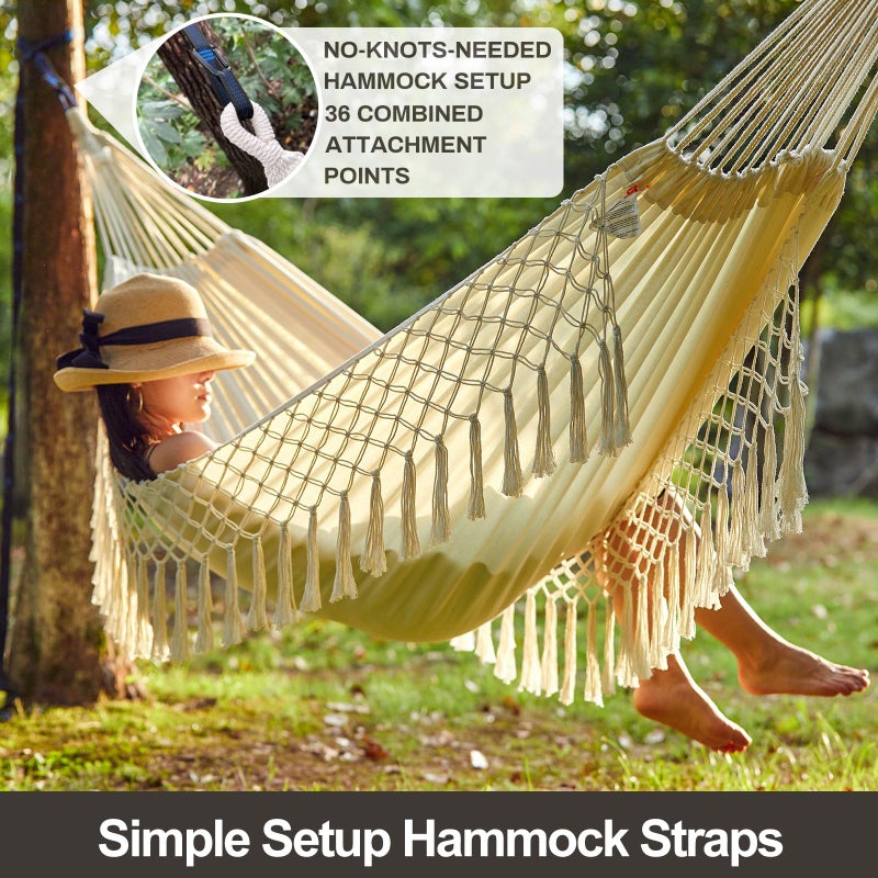 CHULIM Brazilian Double Hammock with Tree Straps,Extra Large 94x63IN,2 Persons Hammock for Backyard Patio Outdoor Indoor,450lbs Weight Capacity,Soft Woven Cotton Fabric - Natrual White with Tassels - Image 4