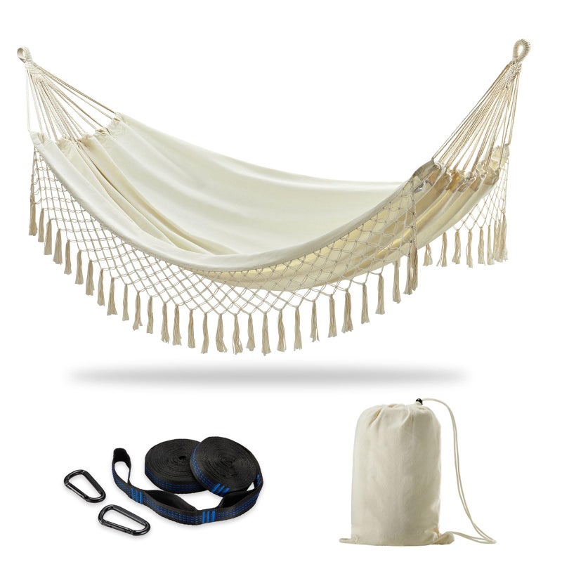CHULIM Brazilian Double Hammock with Tree Straps,Extra Large 94x63IN,2 Persons Hammock for Backyard Patio Outdoor Indoor,450lbs Weight Capacity,Soft Woven Cotton Fabric - Natrual White with Tassels - Image 1