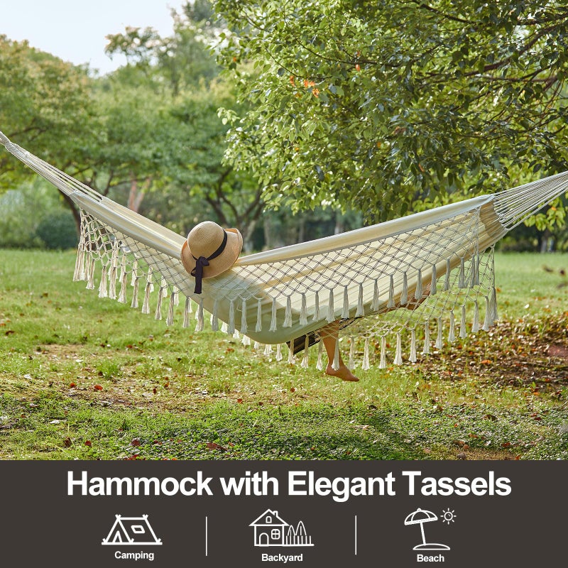 CHULIM Brazilian Double Hammock with Tree Straps,Extra Large 94x63IN,2 Persons Hammock for Backyard Patio Outdoor Indoor,450lbs Weight Capacity,Soft Woven Cotton Fabric - Natrual White with Tassels - Image 2