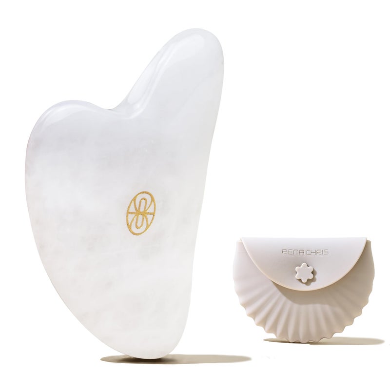 Rena Chris Gua Sha Facial Tools, Ergonomic White Jade Stone Guasha Tool for Face Massage, Manual Facial Massager Tool for Jawline Sculpting and Puffiness Reduction with Silicone Case (White) - Image 1