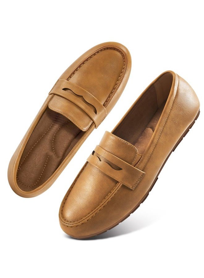 Ecetana Womens Loafers Slip-on Shoes Comfortable Penny Moccasins Dressy Casual Walking Flats for Work Business, Brown, 7