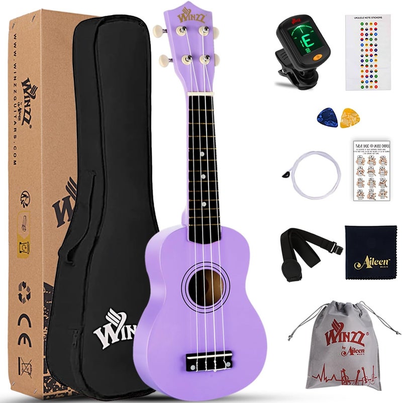 وينز مجموعة Soprano Ukulele للمبتدئين، آلات موسيقية مع حقيبة، موالف قابل للتثبيت، أوتار إضافية، حزام، معول، ملصقات الحنق، بطاقة الأوتار، قطعة تلميع (21 بوصة سوبرانو، أرجواني) - Image 1