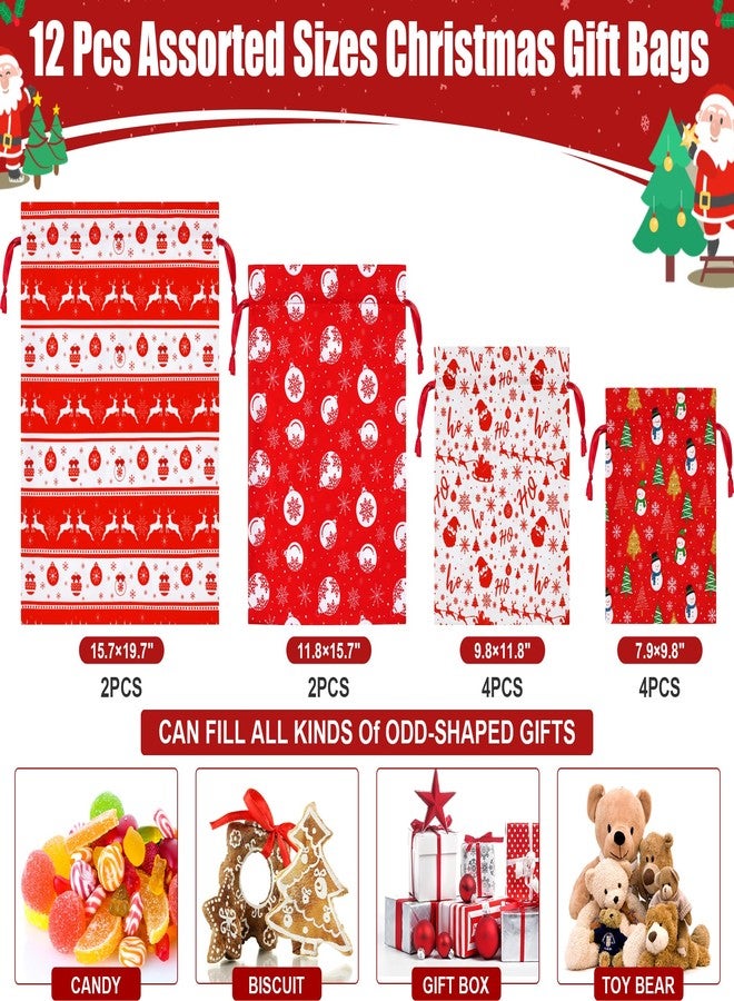 FLOE 12PCS Christmas Gift Bags Assorted Sizes Bulk, Holiday Gift Bags with Tags, Large Medium Small Xmas Gifts Bag, Fabric Christmas Wrapping Bags Drawstring Gifts Bag for Xmas Presents Party Favors Sack - Image 2
