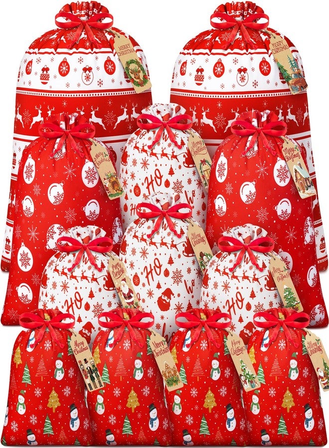 FLOE 12PCS Christmas Gift Bags Assorted Sizes Bulk, Holiday Gift Bags with Tags, Large Medium Small Xmas Gifts Bag, Fabric Christmas Wrapping Bags Drawstring Gifts Bag for Xmas Presents Party Favors Sack - Image 1