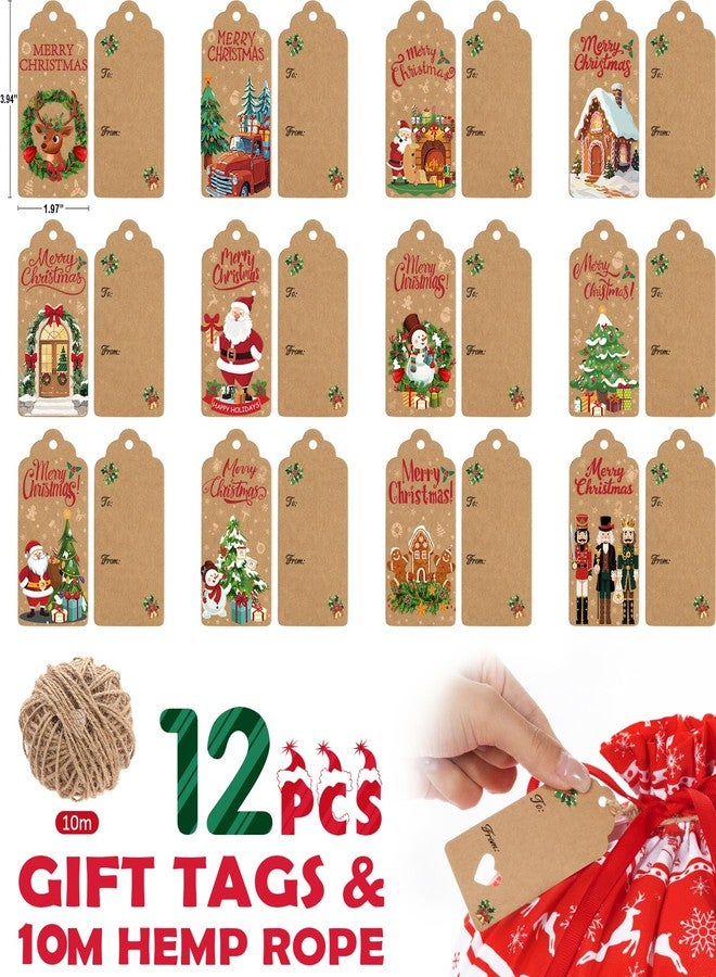 FLOE 12PCS Christmas Gift Bags Assorted Sizes Bulk, Holiday Gift Bags with Tags, Large Medium Small Xmas Gifts Bag, Fabric Christmas Wrapping Bags Drawstring Gifts Bag for Xmas Presents Party Favors Sack - Image 5