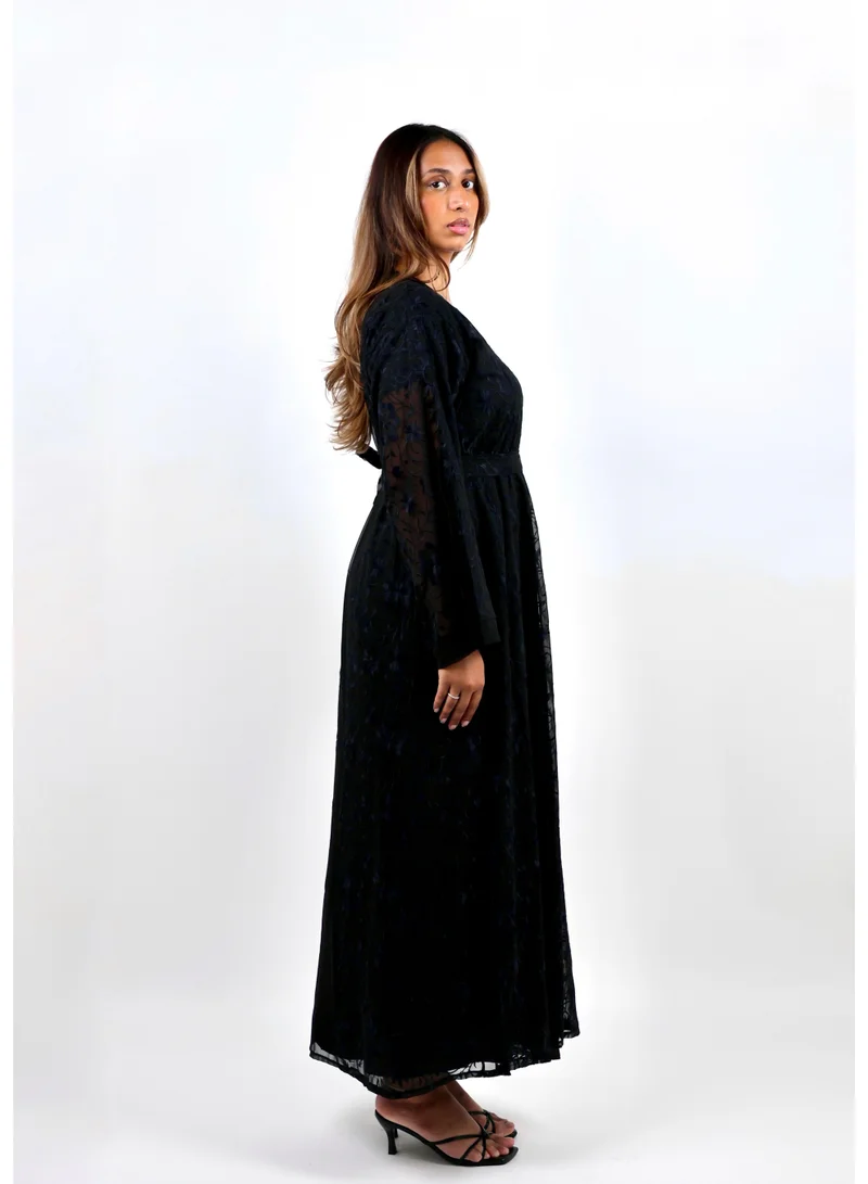 JAMEELA  Black Abaya with Floral Threaded Embroidery for Women | Best Price UAE