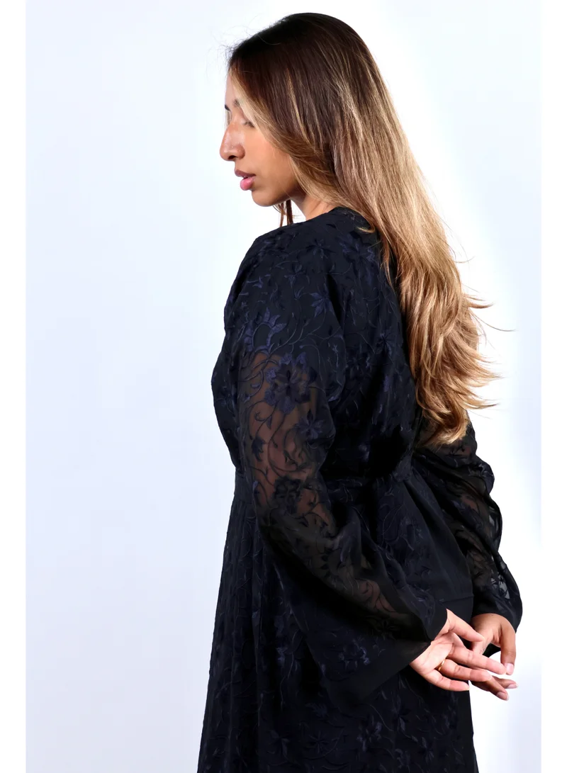 JAMEELA  Black Abaya with Floral Threaded Embroidery for Women | Best Price UAE