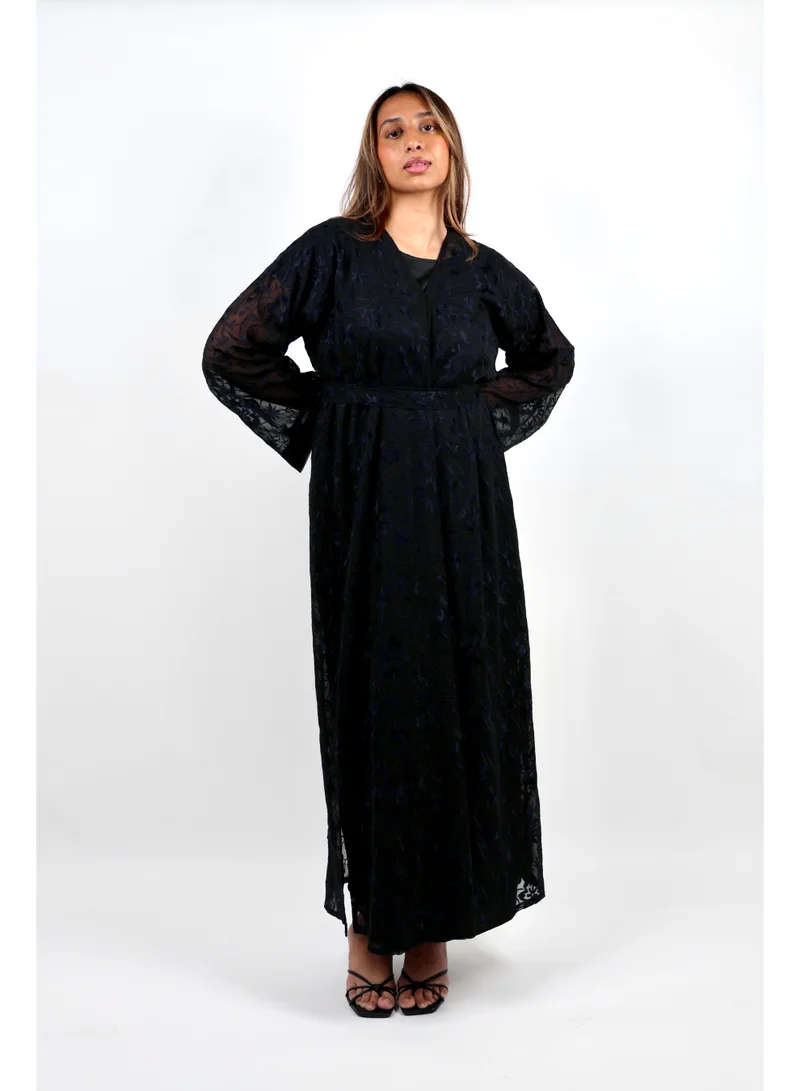 JAMEELA  Black Abaya with Floral Threaded Embroidery for Women | Best Price UAE