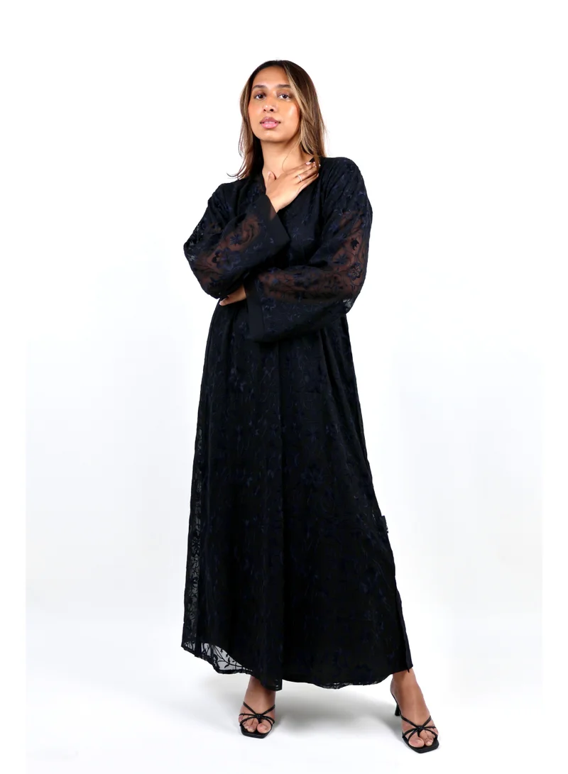 JAMEELA  Black Abaya with Floral Threaded Embroidery for Women | Best Price UAE
