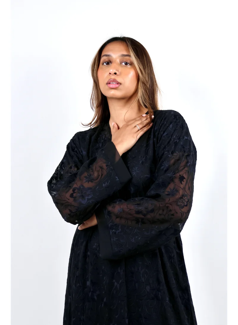 Black Abaya with Floral Threaded Embroidery