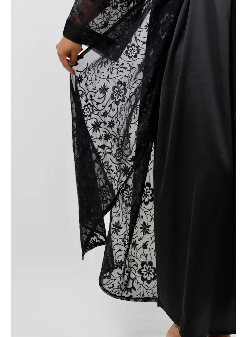 JAMEELA  Black Abaya with Floral Threaded Embroidery for Women | Best Price UAE