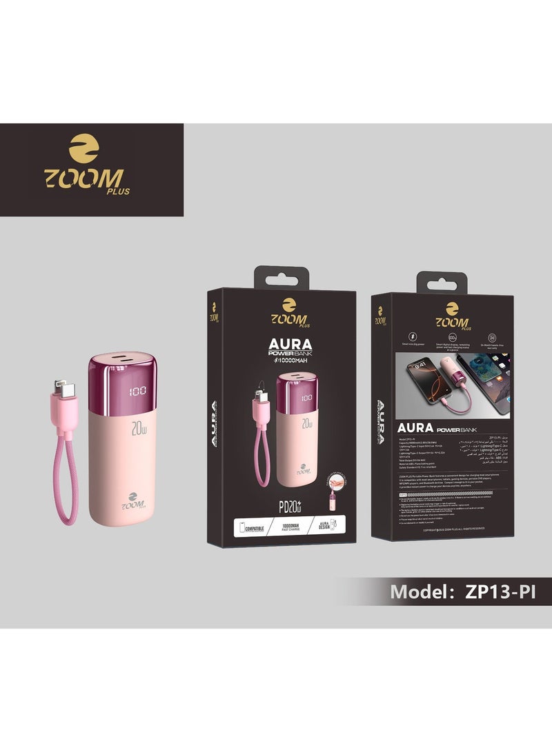 ZOOM PLUS Aura Power Bank ZP13-PI 10000mAh – 20W PD Fast Charging Portable Charger with Built-in Lightning Cable, LED Digital Display, Compact Mini Battery Pack for iPhone, Smartphones & USB Devices - Image 4
