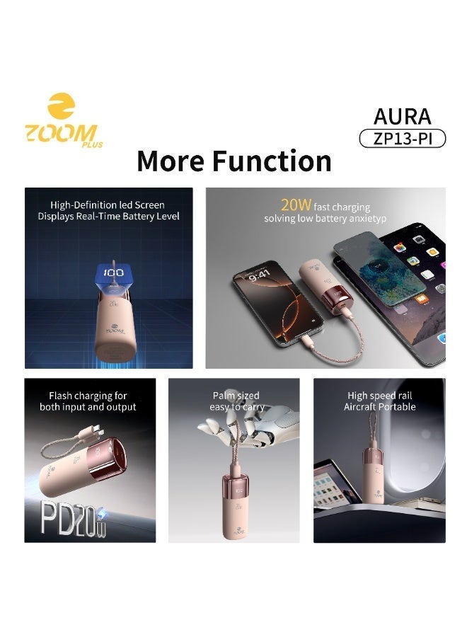 ZOOM PLUS Aura Power Bank ZP13-PI 10000mAh – 20W PD Fast Charging Portable Charger with Built-in Lightning Cable, LED Digital Display, Compact Mini Battery Pack for iPhone, Smartphones & USB Devices - Image 2