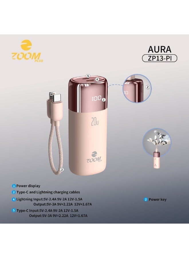 ZOOM PLUS Aura Power Bank ZP13-PI 10000mAh – 20W PD Fast Charging Portable Charger with Built-in Lightning Cable, LED Digital Display, Compact Mini Battery Pack for iPhone, Smartphones & USB Devices - Image 3