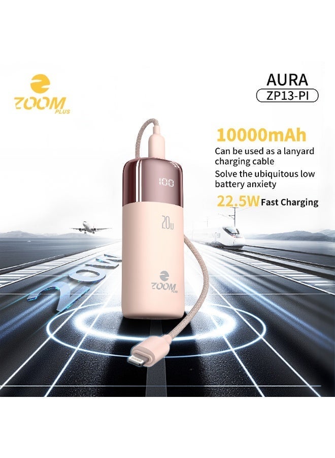 ZOOM PLUS Aura Power Bank ZP13-PI 10000mAh – 20W PD Fast Charging Portable Charger with Built-in Lightning Cable, LED Digital Display, Compact Mini Battery Pack for iPhone, Smartphones & USB Devices - Image 1