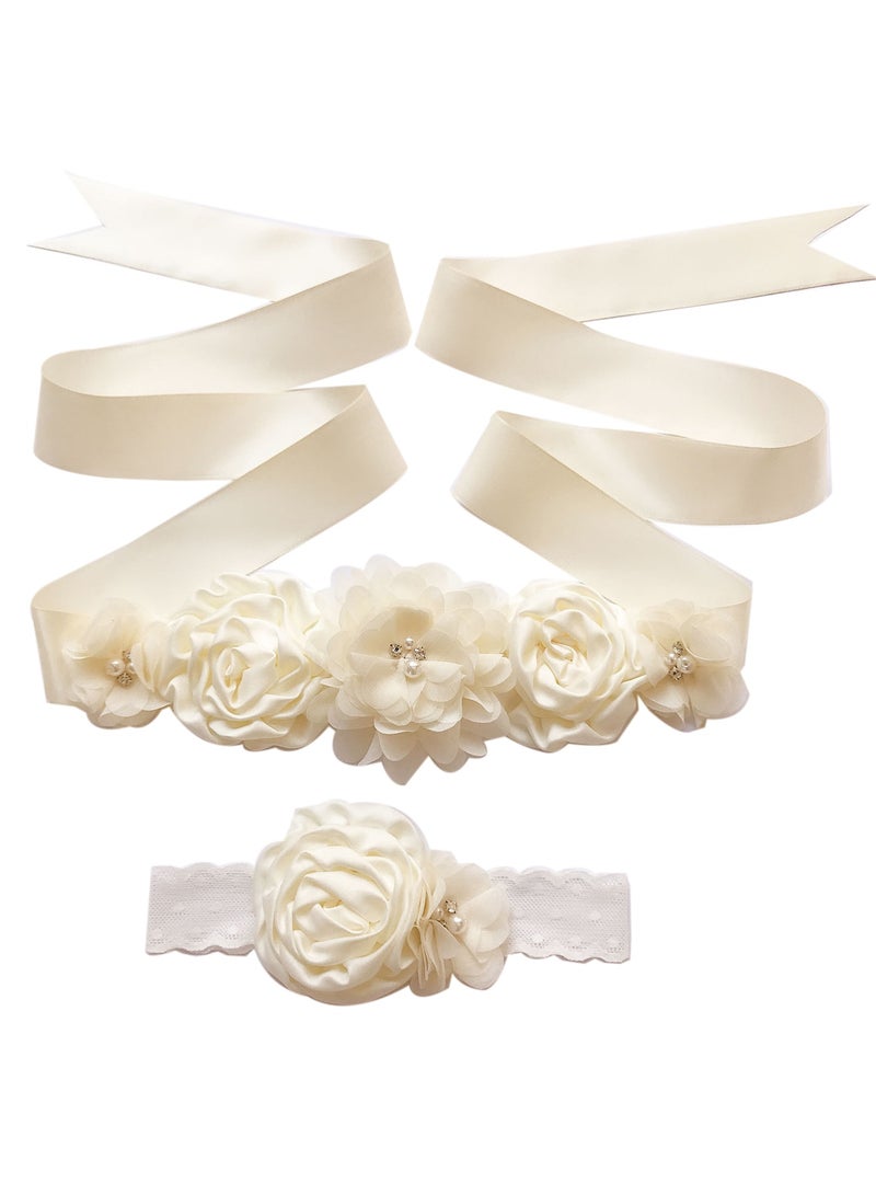 Women Girls Flower Sash Belt with Headband Set, for Wedding Baby Shower  - Image 1