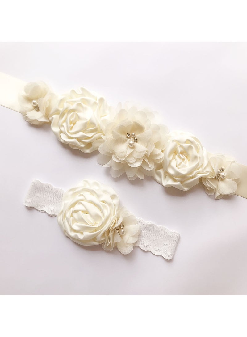 Women Girls Flower Sash Belt with Headband Set, for Wedding Baby Shower  - Image 2