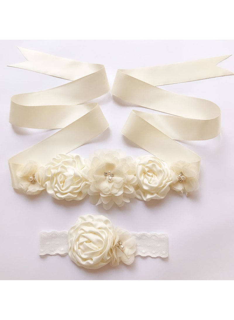 Women Girls Flower Sash Belt with Headband Set, for Wedding Baby Shower  - Image 4