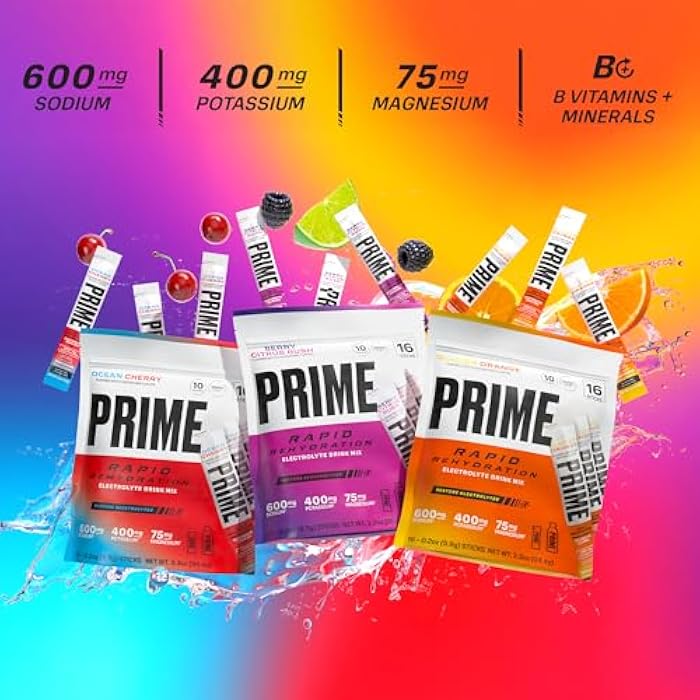 Prime Hydration Prime Rapid Rehydration Electrolyte Powder Sticks, Ocean Cherry, Sugar Free Hydration Drink Mix with Sodium, Potassium & B Vitamins, Caffeine Free, 16 Count - Image 4