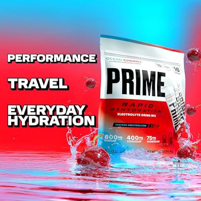 Prime Hydration Prime Rapid Rehydration Electrolyte Powder Sticks, Ocean Cherry, Sugar Free Hydration Drink Mix with Sodium, Potassium & B Vitamins, Caffeine Free, 16 Count - Image 5
