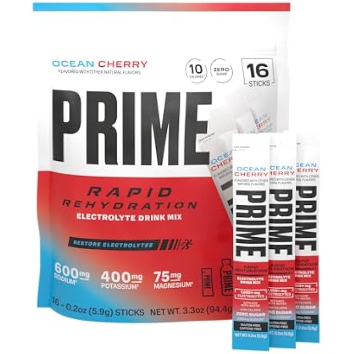 Prime Hydration Prime Rapid Rehydration Electrolyte Powder Sticks, Ocean Cherry, Sugar Free Hydration Drink Mix with Sodium, Potassium & B Vitamins, Caffeine Free, 16 Count - Image 1