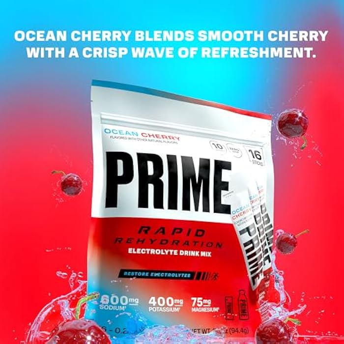 Prime Hydration Prime Rapid Rehydration Electrolyte Powder Sticks, Ocean Cherry, Sugar Free Hydration Drink Mix with Sodium, Potassium & B Vitamins, Caffeine Free, 16 Count - Image 3