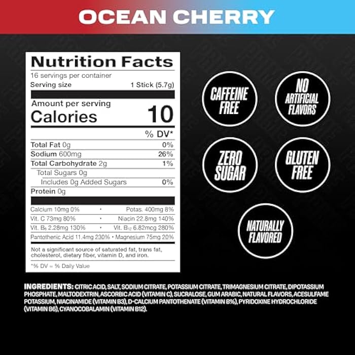 Prime Hydration Prime Rapid Rehydration Electrolyte Powder Sticks, Ocean Cherry, Sugar Free Hydration Drink Mix with Sodium, Potassium & B Vitamins, Caffeine Free, 16 Count - Image 2