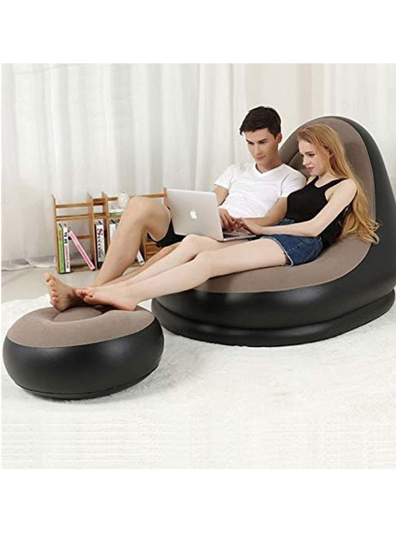 2-IN-1 Grey/Black Lounge Sofa Bed Set, Folding Portable Inflatable Lazy Flocking Recliner Chair with Footstool and Air Pump - Great for Pop Up Indoor and Outdoor Balcony, Backyard, Camping, Picnic, RV - Image 2