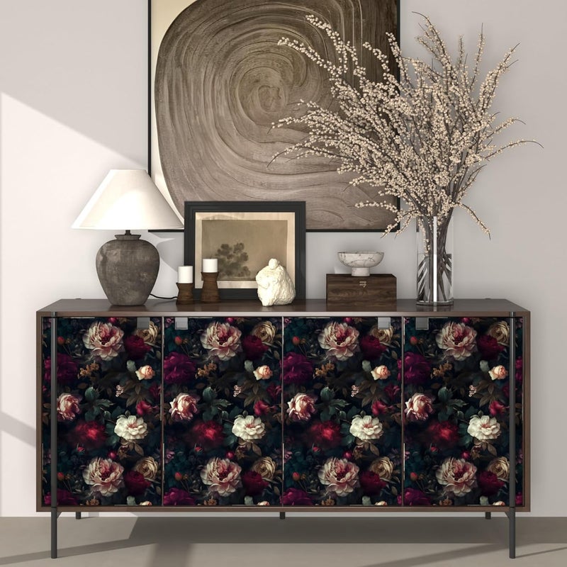 Fvlow Dark Black Floral Peel and Stick Wallpaper 17.4" x 394" Vintage Romantic Contact Paper Waterproof Self Adhesive Gothic Witchy Covering for Bedroom Cabinet Bathroom Abstract Art Home Decor Maroon - Image 2