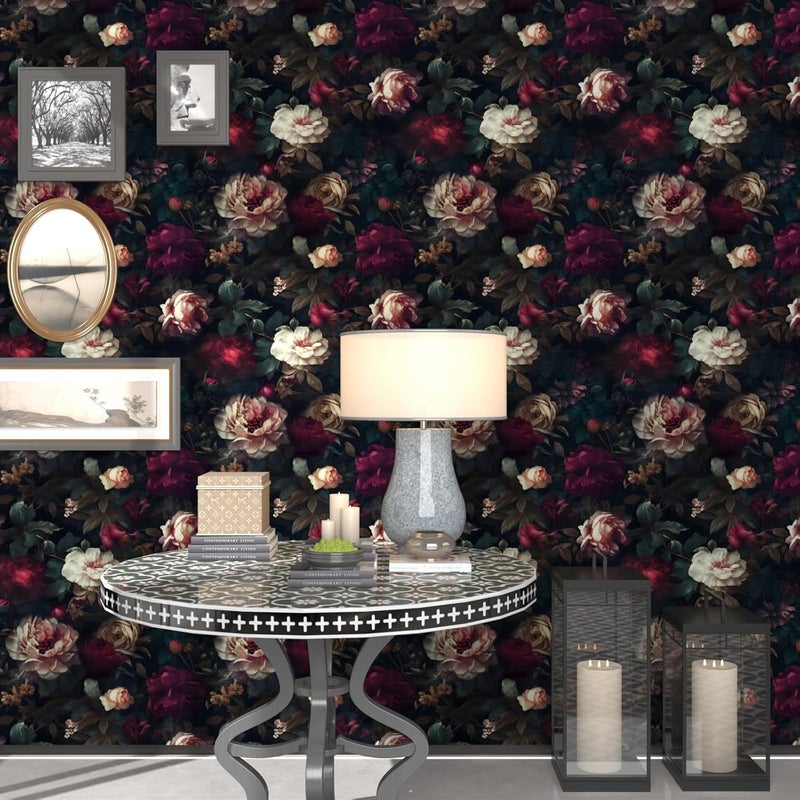 Fvlow Dark Black Floral Peel and Stick Wallpaper 17.4" x 394" Vintage Romantic Contact Paper Waterproof Self Adhesive Gothic Witchy Covering for Bedroom Cabinet Bathroom Abstract Art Home Decor Maroon - Image 5