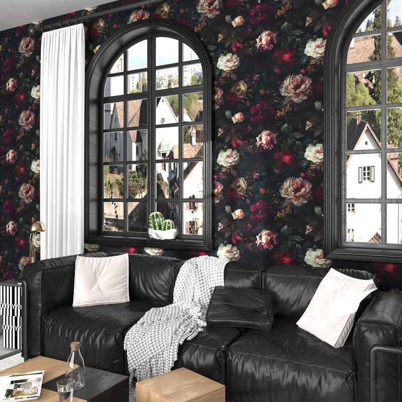Fvlow Dark Black Floral Peel and Stick Wallpaper 17.4" x 394" Vintage Romantic Contact Paper Waterproof Self Adhesive Gothic Witchy Covering for Bedroom Cabinet Bathroom Abstract Art Home Decor Maroon - Image 3