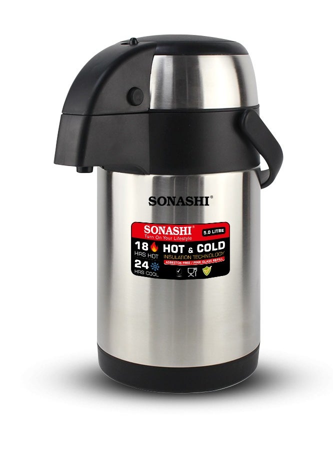 SONASHI - 5L Hot & Cold Airpot Flask with High-Quality Stainless Steel Insulation | Easy to Clean Flask with Pump Lid | Hot/Cold 18 & 24 Hours Retention | Pump Flask for Cold Drinks, Tea, Coffee SVF-5000 - Image 1