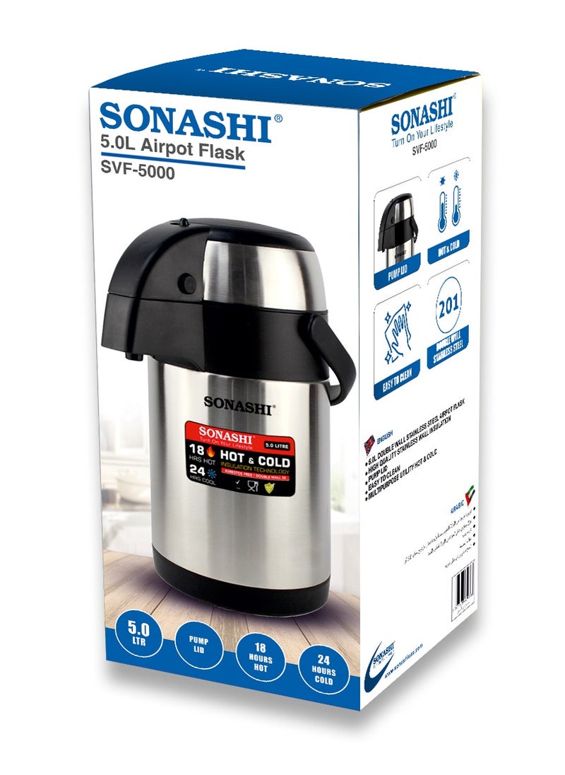 SONASHI - 5L Hot & Cold Airpot Flask with High-Quality Stainless Steel Insulation | Easy to Clean Flask with Pump Lid | Hot/Cold 18 & 24 Hours Retention | Pump Flask for Cold Drinks, Tea, Coffee SVF-5000 - Image 1