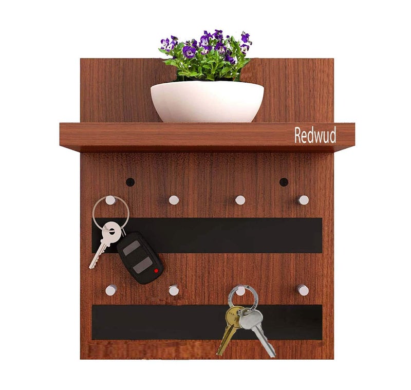 Redwud ADO Engineered Wooden Key Holder with 8 Knobs for Home | Hooks for Wall | Home Decor Itmes | Stylish Key Holder for Living Room with Shelf (Walnut) - Image 1