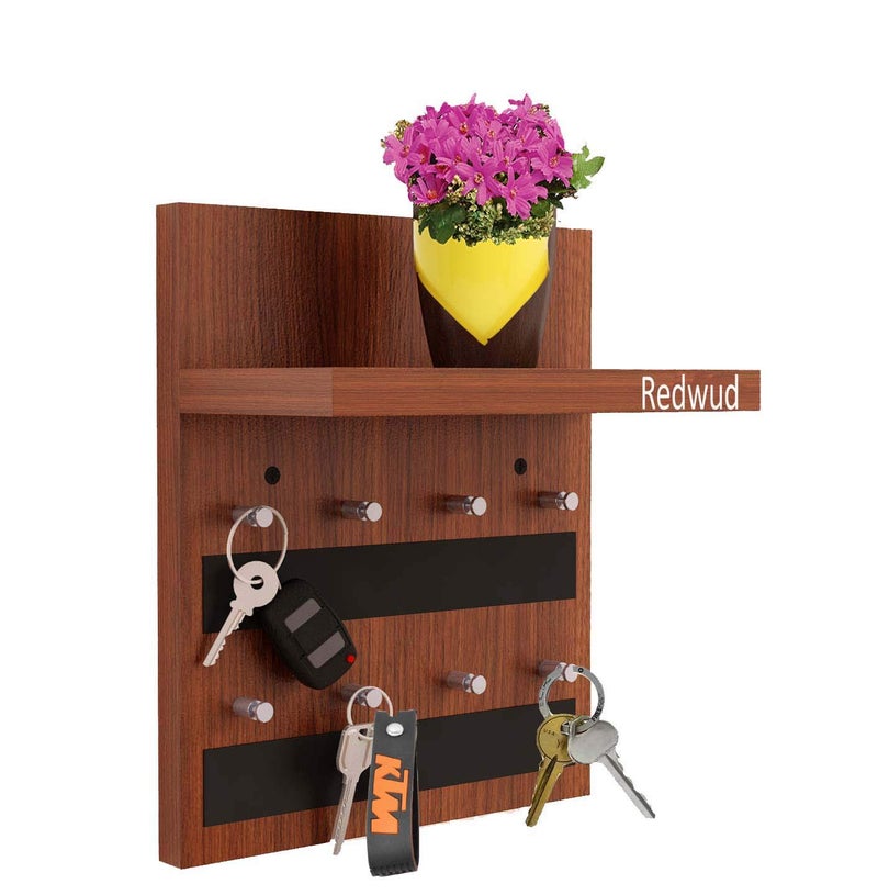 Redwud ADO Engineered Wooden Key Holder with 8 Knobs for Home | Hooks for Wall | Home Decor Itmes | Stylish Key Holder for Living Room with Shelf (Walnut) - Image 2