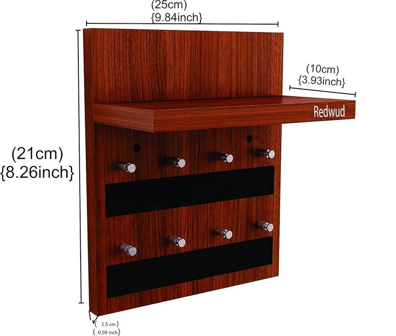 Redwud ADO Engineered Wooden Key Holder with 8 Knobs for Home | Hooks for Wall | Home Decor Itmes | Stylish Key Holder for Living Room with Shelf (Walnut) - Image 5