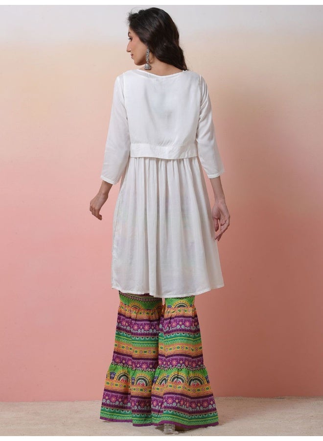 AKS White A-line Kurta with Multicolor Sharara  - Image 3
